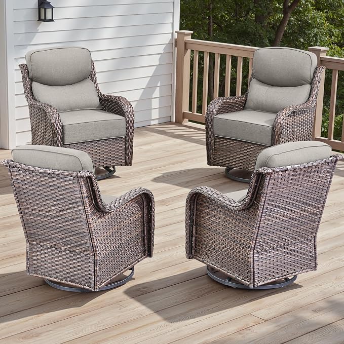 Rilyson Outdoor Swivel Rocker Chairs - All Weather Resistant Wicker Patio Furniture Set of 4 with High Back and 6 inch Thick Cushions for Deck Porch Yard and Poolside, Brown/Beige
