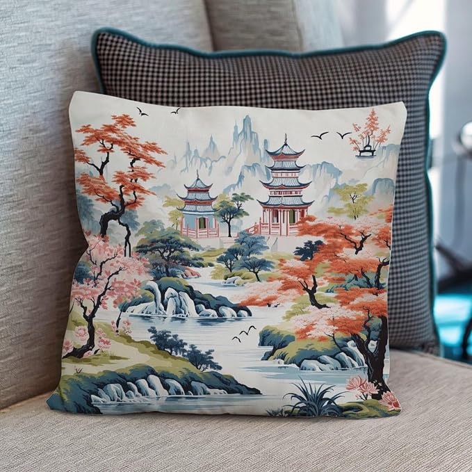 Cushion Cases Chinoiserie Pagoda White Coral Blue Throw Pillow Covers Retro Chinoiserie Chic Asian Pillow Cover Accent Modern Decorative Pillow Covers for Couch Tent Park 22x22 in
