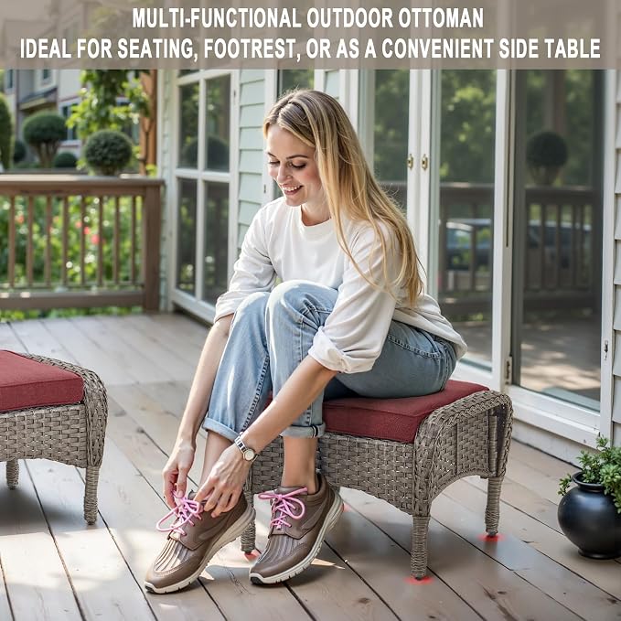 Belord Outdoor Ottomans for Patio Foot Rest - 25 Inch PE Wicker Foot Stool Set of 2 with Removable Cushions for Patio Furniture Sets,All Weather Rattan Ottoman for Balcony Deck Gray/Red