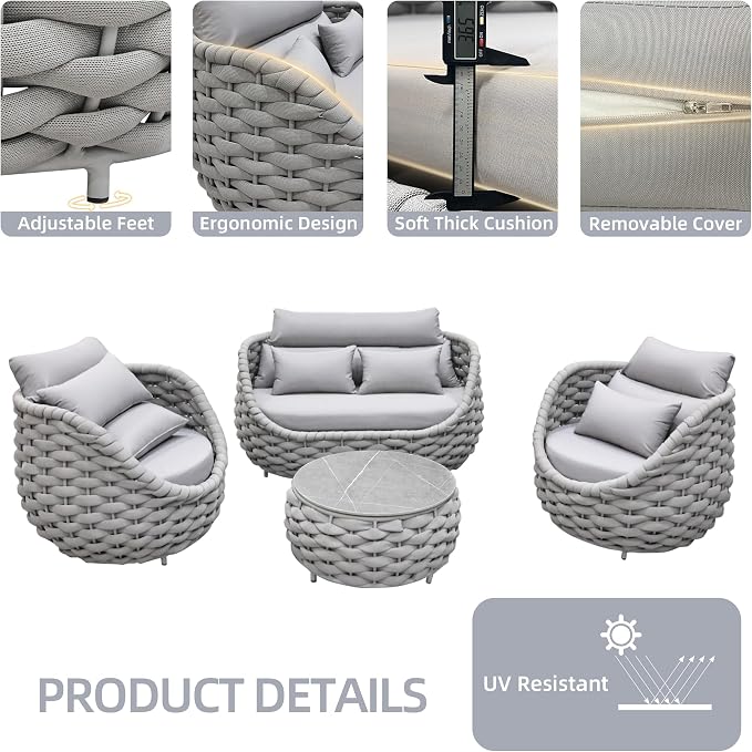 TWT Patio Furniture Sofa Set 4 Pieces Aluminum Outdoor Furniture w/27.8in Coffee Table,Patio Conversation Set with Hand Woven Textilene Rope for Backyard Garden Poolside,Light Gray