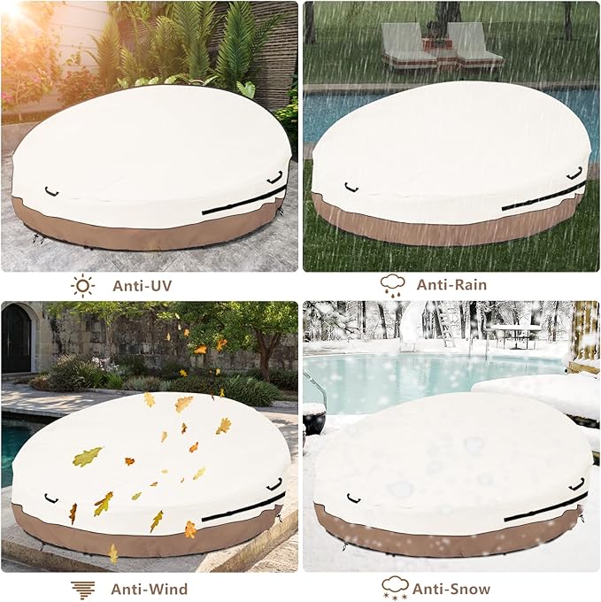Heavy Duty 600D Waterproof Outdoor Daybed Cover for 75" Round Patio Sofa - UV-Resistant All-Weather Protection Furniture Cover with Air Vent, Fits 75" Dia x 35"/16" H (Beige)
