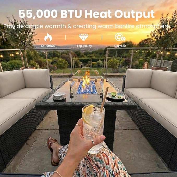 15 Pieces Patio Furniture Set with 44" Propane Gas Fire Pit Table, Outdoor Sectional Wicker Conversation Sofa Sets with Coffee Table