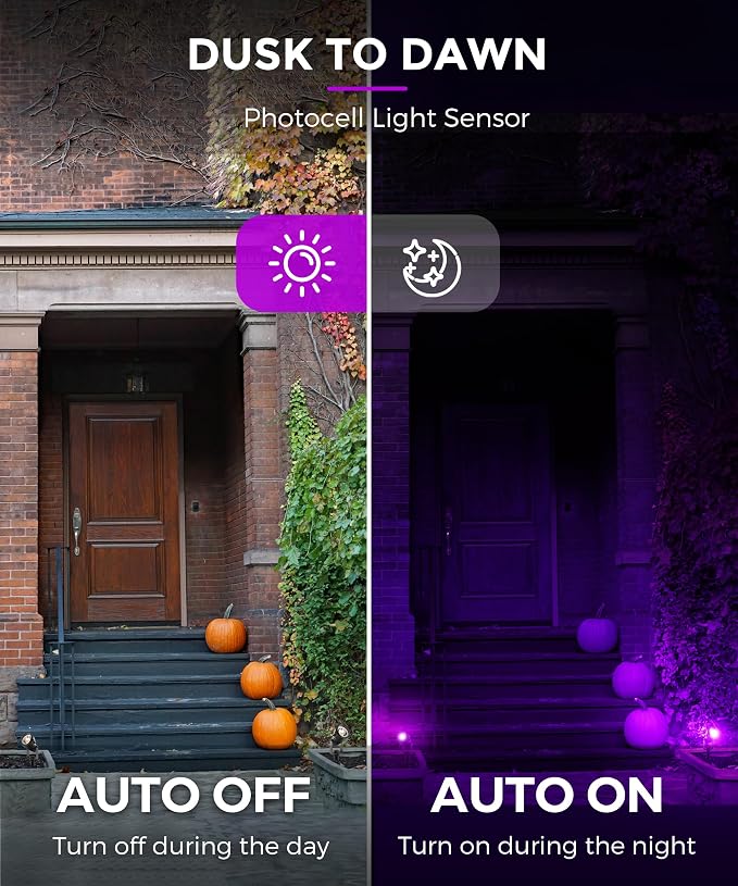L LOHAS LED Orange and Purple Halloween Outdoor Spotlight 5W 2 Pack | Orange and Purple Halloween Lights with Auto Sensor, Outdoor Spotlights for Holiday, Tree and House Decoration