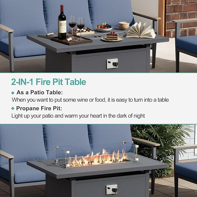 Aluminum Outdoor Patio Furniture Set with Swivel Rocking Chairs 4-Seat, Patio Sectional Sofa Patio Conversation Set with 55,000 BTU Fire Pit Table High Backrest & Thickened Cushions, Navy Blue