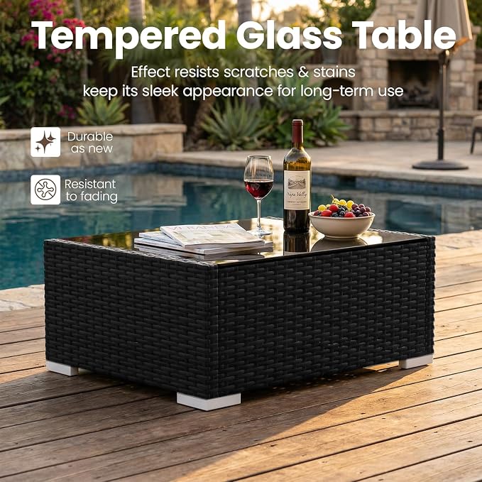 8 Pieces Patio Furniture Set with 44" Propane Gas Fire Pit Table, Outdoor Sectional Wicker Conversation Sofa Sets with Coffee Table