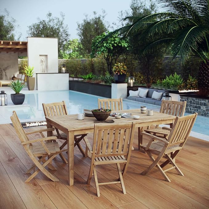 Modway EEI-3206-NAT-SET Marina Premium Grade A Teak Wood 7-Piece Outdoor Patio Dining Furniture Set, Six Folding Armchair/One Table, Natural