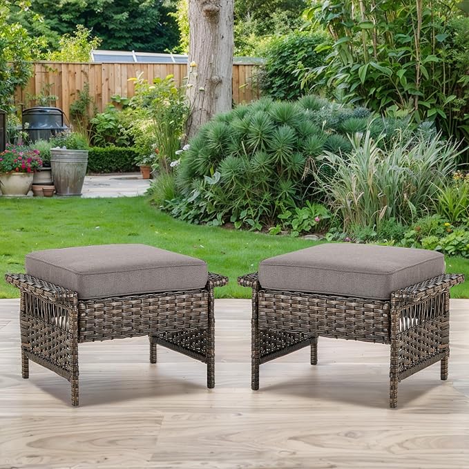 Patio Furniture Set with Fire Pit Table, 7PCS Patio Conversation Set Brown Resin Wicker Swivel Patio Chair Sofa Ottoman Set with Side Table and Fire Table PE Rattan Furniture Set