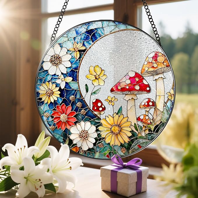 8 Inch Mushroom Suncatcher, Stained Glass Mushrooms Home Decor, Stained Glass Window Hanging, Plant Lover Gifts for Women, Birthday Gifts for Her Mom Grandma, Idea Gift, Gift Exchange