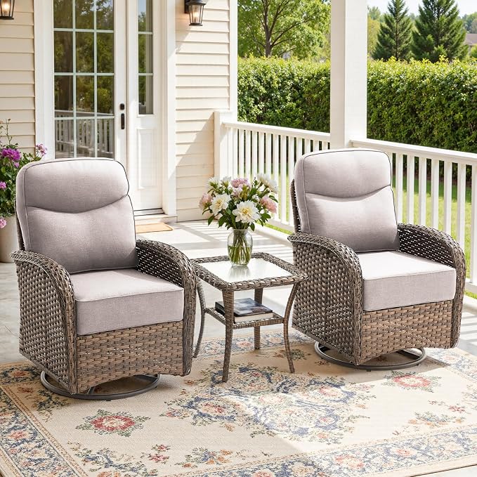3-Piece Luxury Patio Conversation Set with 6-Inch Thick Cushions, High-Back Outdoor Swivel Rocking Chairs & Side Table, All-Weather Furniture Set for Porch, Deck, Balcony or Backyard – Beige