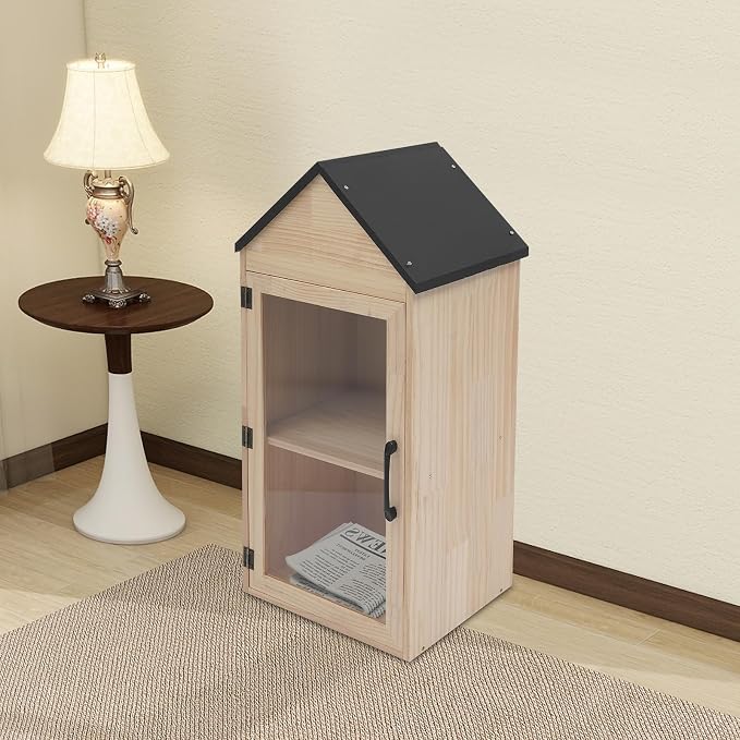 Outdoor Library Box, 13X11X30inch Wood Literature Exchange Box DIY Little Wood Cabinet with Waterproof Roof and Shelf for Outside Neighborhoods Community and Schools Sharing Books (Gable Roof)
