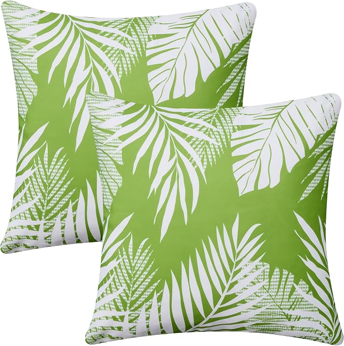 Allorry Outdoor Pillow Covers 18x18 Set of 2 Tropics Palm Leaves Green Floral Pattern Decoration Throw Pillow Covers for Outdoor Waterproof Furniture Garden Patio Sofa Bedroom Home Decor JB008-B18