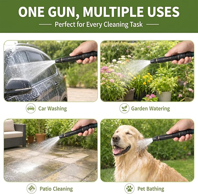 PowerJet High Pressure Water Gun-5-in-1 Nozzle,Garden Hose Pressure Booster,3000PSI Booster, Heavy Duty for Car Wash, Garden Watering & Outdoor Cleaning