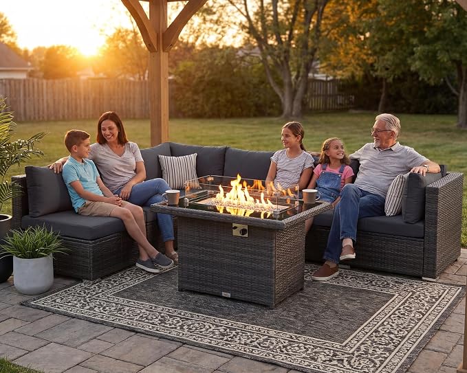 RADIATA 7 Piece Wicker Patio Furniture Set with Fire Pit, All-Weather Outdoor Sectional Couch High Back Large Size, Modular Backyard Seating Sofa Set with Propane/Natural Gas Firepit Table, Dark Gray