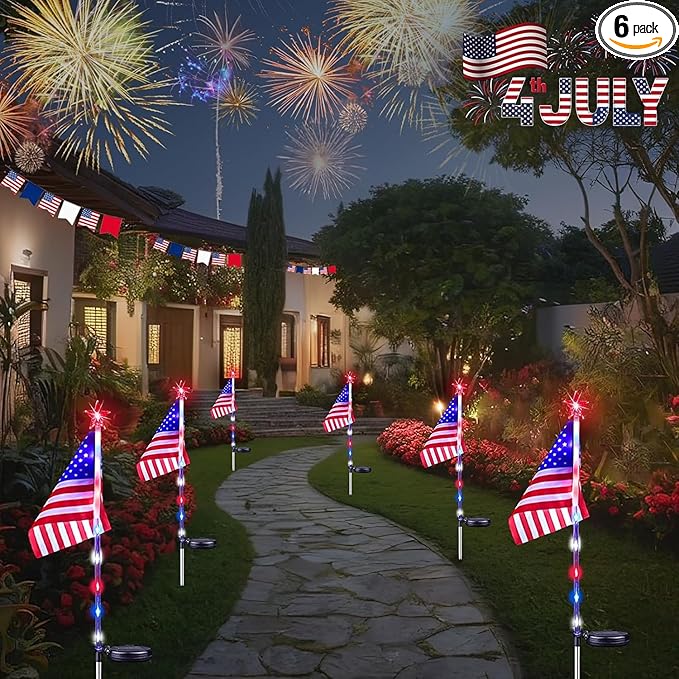 6 Pack 4th of July Decorations Outdoor Solar Lights, Red White and Blue American Flag Star Lights for National Day, Waterproof Patriotic Light for Independence Day 250th Anniversary Garden Yard Path