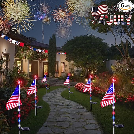 6 Pack 4th of July Decorations Outdoor Solar Lights, Red White and Blue American Flag Star Lights for National Day, Waterproof Patriotic Light for Independence Day 250th Anniversary Garden Yard Path