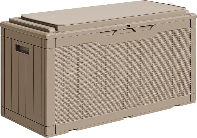 Greesum 100 Gallon Resin Deck Box Large Outdoor Storage with Cushions for Patio Furniture, Garden Tools, Pool Supplies, Weatherproof and UV Resistant, Lockable, Coffee