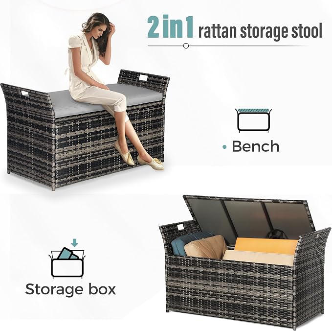 Crownland 80 Gallon Outdoor Storage Bench with Cushion, Outdoor Wicker Storage Box, Patio Deck Box with Seat, for Garden, Balcony, Poolside (Grey)