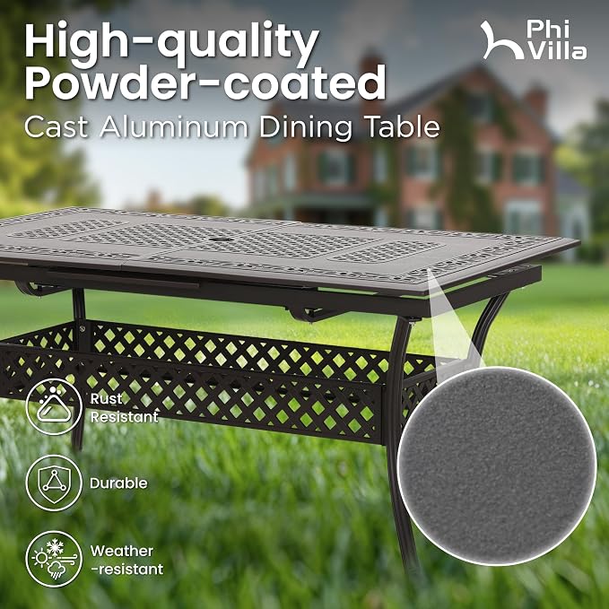 PHI VILLA 7 Pieces Expandable Cast Aluminum Outdoor Dining Set for 6, Extendable Metal Table with Umbrella Hole & Cushioned Wicker Chairs, Dining Furniture Set for Patio, Deck, Yard and Porch