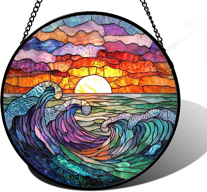 DASTOLL Stained Glass Window Hanging, Clouds and Sea Waves Suncatcher Diamond Glass Panel Hangings Scenery Sun Catchers Decor for Birthday for Women, Men, Wife, Aunt, and Mom 7.8 in