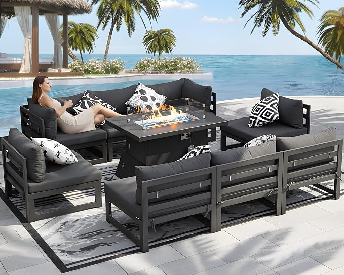 NICESOUL 9 Pcs Modern Aluminum Outdoor Patio Furniture Set with Fire Pit Table Propane/Gas, Extra Large All-Weather Modular Sectional Couch, 29" Wide Deep Seating Conversation Sofa for Deck, Dark Grey