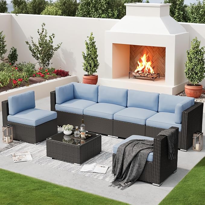 SOLAURA 7 Pieces Outdoor Patio Furniture Set, Black Brown Rattan Outdoor Patio Sectional Conversation Set, Modular Sofa Set with Coffee Table, Sky Blue (Include Sofa Cover)