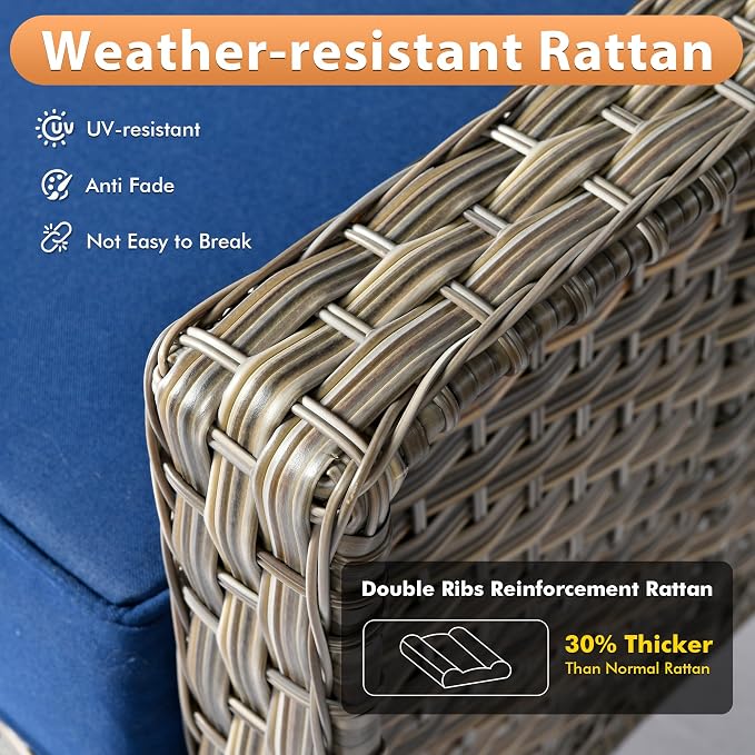 Outdoor Patio Furniture Sets, 5 PCS Patio Conversation Set Outside Rattan Sofa with 54 in Fire Pit Table Comfy Cushions Fit Backyard Porch Garden Poolside Balcony,Navy Blue