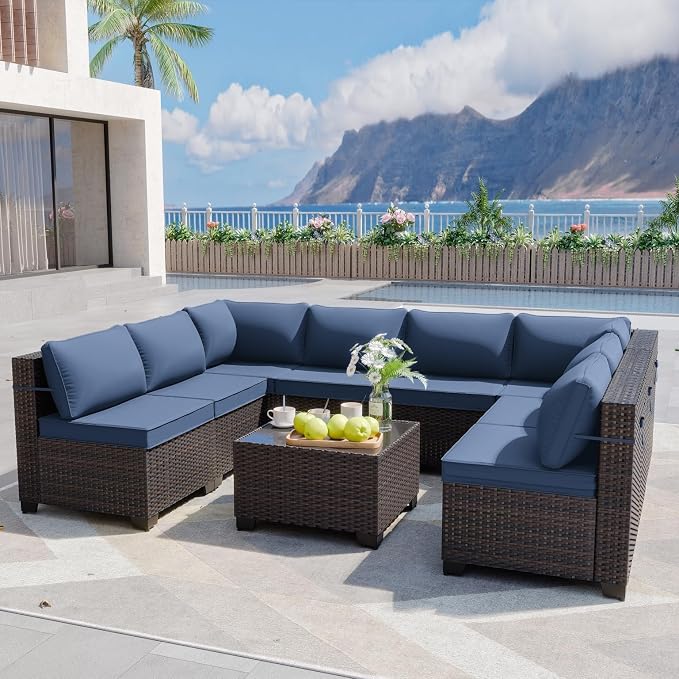 ALAULM 9 Pieces Patio Furniture Set Wicker Patio Conversation Set, Outdoor Sectional Furniture w/Coffee Table & Washable Seat Cushions-Dark Blue
