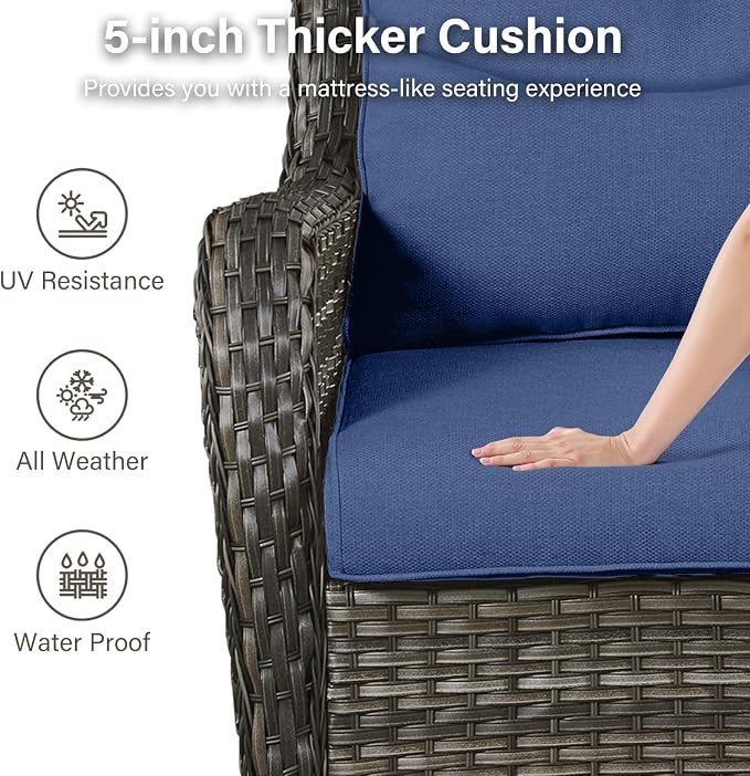 Outdoor Swivel Rocker Patio Chairs with 2 Ottomans - 5" Thick Cushion 4 Piece Furniture Set All Weather Comfortable Wicker Conversation Set for Porch Poolside and Deck - Brown-Blue