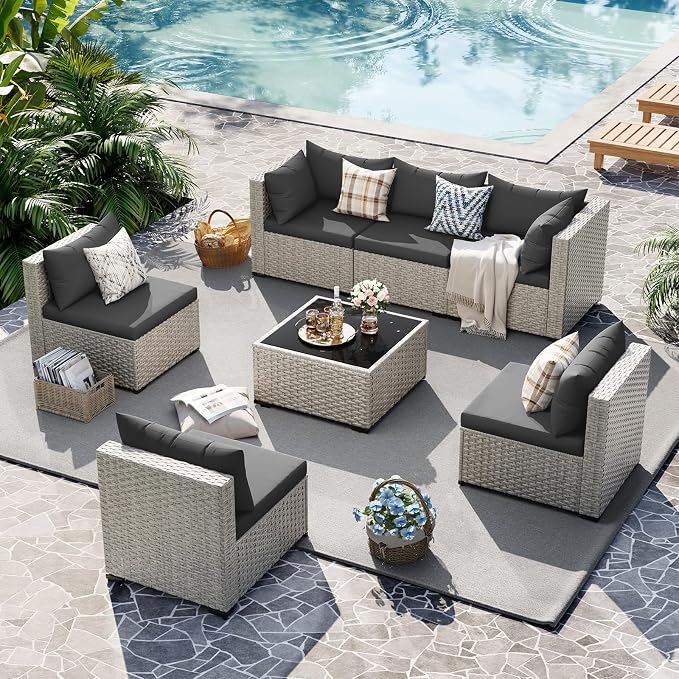 UDPATIO Outdoor Patio Furniture Set, 7 Pcs PE Wicker Sectional Sofa with Tea Table, Outdoor Conversation Set for Patio, Garden, Backyard (Black Cushions with Light Grey Rattan)