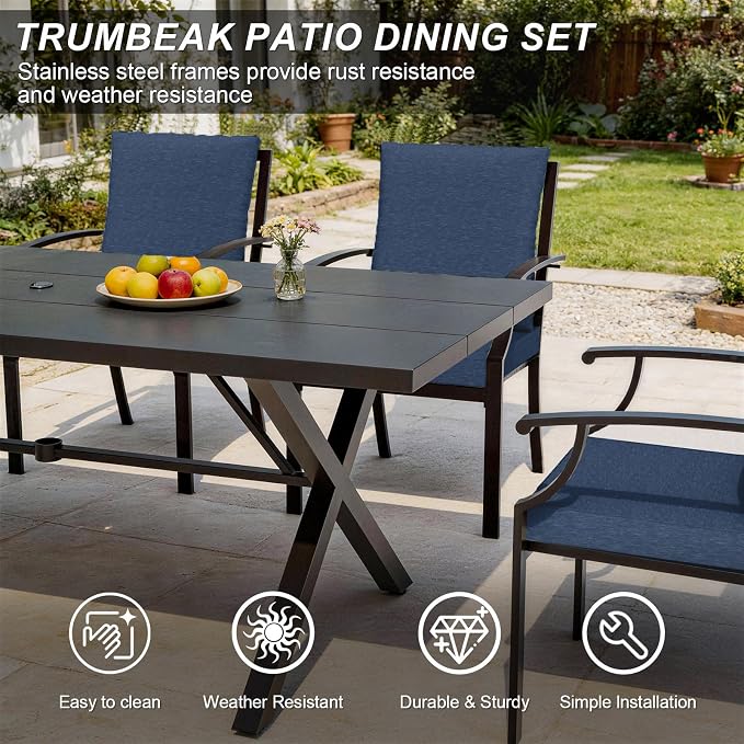 10-Piece Patio Dining Set,Metal Outdoor Furniture Set Includes 13.6FT Sand Umbrella,Hole Cut-Out 78.7" x 35.4" Table and 8 Metal Backrest Chairs for Backyard,Garden,Navy