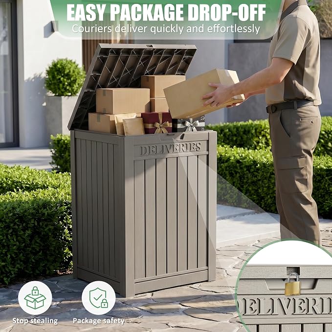 EasyUp Package Delivery Boxes for Outside, 55 Gallon Outdoor Storage Deck Box Parcel MailBox Drop Secure Resin Lockable UV Resistant Waterproof Mail Porch Patio Grey