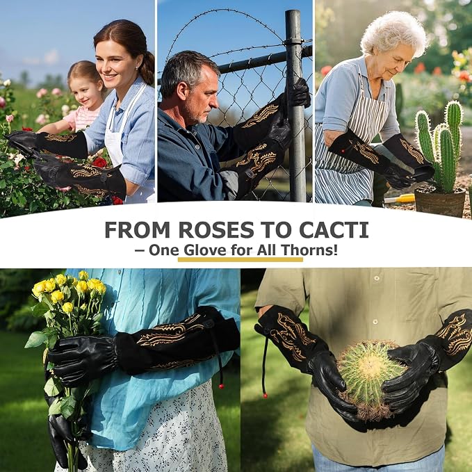 Cactus Garden Gloves (Real Thorn proof), Puncture Proof, Long Leather, Women & Men, Heavy Duty- Great for Gardening, Rose Pruning, Cacti Trimming, Weeding, Pull Thistle, Plant (Black, S)