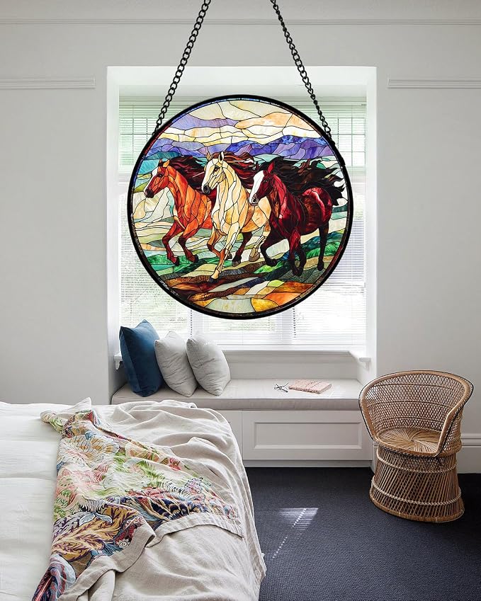 Stained Glass Window Hanging, Galloping Horses Sun Catcher for Door Home Decor Colorful Suncatcher Christmas Mother's Day Birthday Gifts for Women Men Mom and Nana 9.8 in