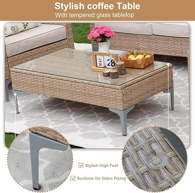 JOYURE 2 Pieces Patio Furniture Set,All Weather Rattan Loveseat with Tempered Glass Table for Porch,Deck,Backyard,Beige