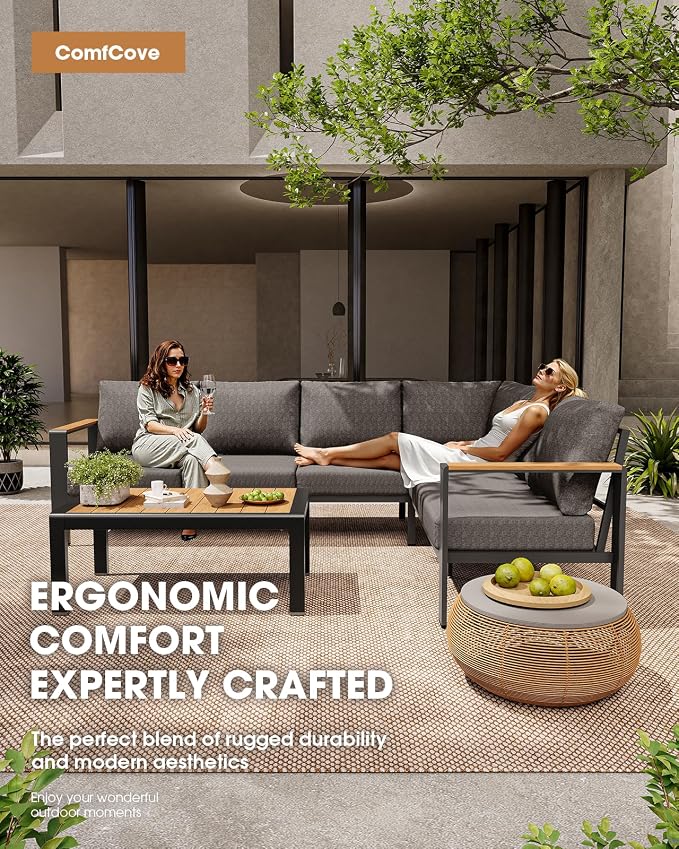 Aluminum Outdoor Patio Furniture Set 6 Seats, Outdoor Sectional Corner Sofa Set, Patio Conversation Sets with Washable Cushions & Coffee Table, Patio Furniture for Backyard, Porch, Graphite
