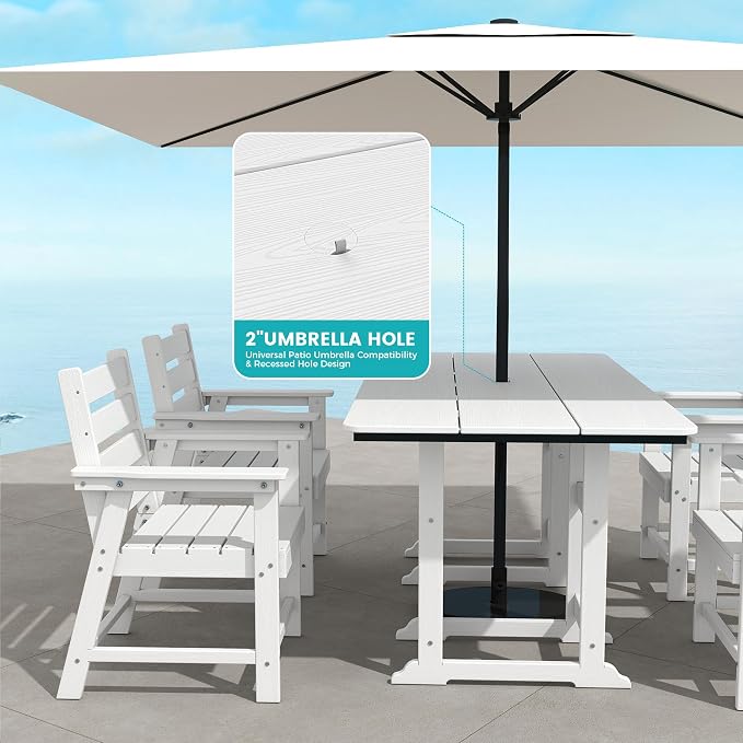 7-Piece Dining Set, HDPE Table & 6 Chairs, White | HDPE Dining Set: 69.1" Table + 6 Chairs, 380 lbs, 304 Stainless, All-Weather, No Rust No Crack, Outdoor Patio Garden