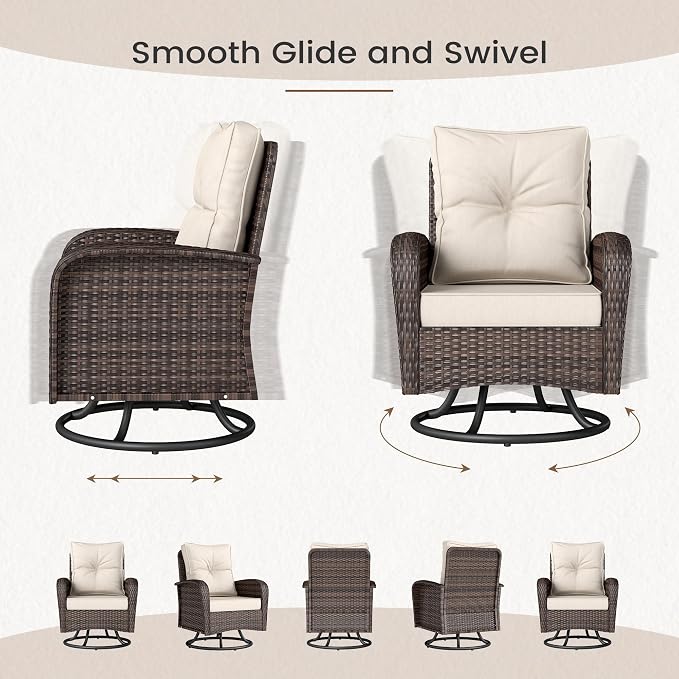 Kromax Outdoor Patio Furniture Set, All-Weather Wicker Swivel Glider Chairs Set of 2 with Coffee Table Table & Thick Machine Washable Cushions for Backyard, Garden, Porch, Brown/Beige
