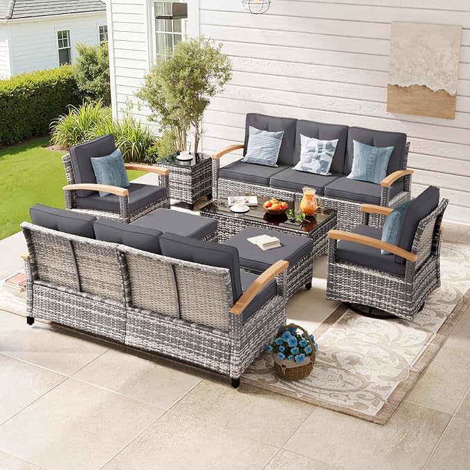 MEISSALIVVE 8 Pieces Patio Furniture Sets,Wicker Patio Conversation Sets with 2 Wood Armrests Swivel Glide Chairs, Outdoor Conversation Set for Deck Yard and Poolside (Grey)