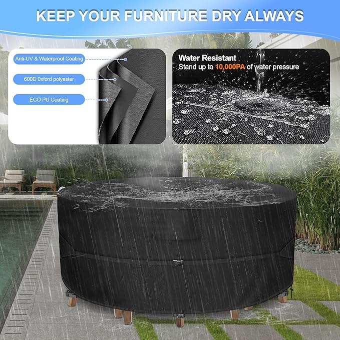 Round Patio Furniture Set Cover, Patio Table Cover Waterproof, Heavy Duty Outdoor Table and Chair Set Cover,Outdoor Furniture Covers for Patio Furniture, 84"Dia x 28"H, Black