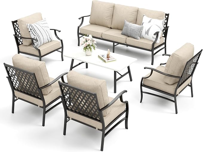 MIXPATIO Patio Furniture Set 6 pcs, Outdoor Patio Furniture, 3-Seat Sofa, 4 X Single Chairs, 1 X Coffee Table and 5.75" Extra Thick Cushion, Patio Conversation Set,Beige