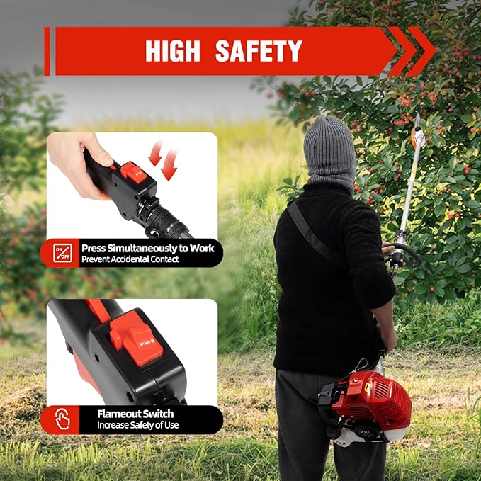 2-Stroke 43CC Gas Trimmer Saw, 12 in Gas Powered Pole Saw Tree Trimmer Chainsaw Side-attached Branch Cutter Split Shaft Pruner Trimmer with Extension Pole for Agriculture, Gardening