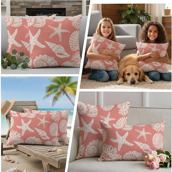 Waterproof Pillow Covers Set of 2 16x16 Inch Ocean Coastal Outdoor Cushion Covers Shells Starfish Conch Coral Red Linen Decorative Pillow Cases for Patio, Sofa, Couch, Garden, Balcony