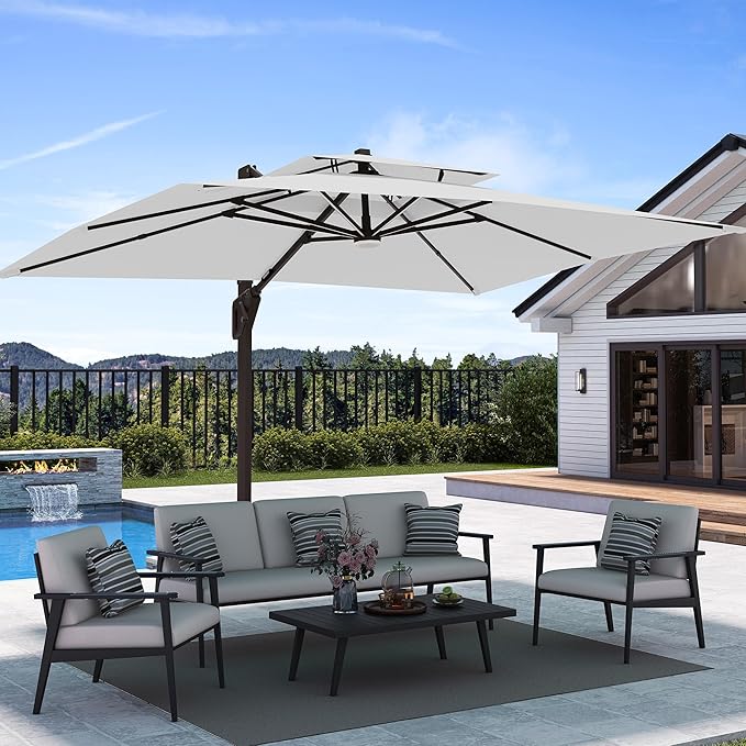 9' X 12' Patio Umbrella with LED Lights Outdoor Cantilever Large Rectangle Offset Umbrellas Heavy Duty Aluminum Double Top with 360-degree Rotation for Pool Garden Deck, Fog Grey