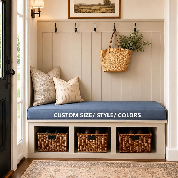 Custom Window Seat Cushion, Bench Cushion Made to Fit | 75D high-density foam, fabric, thickness and shape options, hidden zipper, optional piping, non-slip bottom, indoor furniture