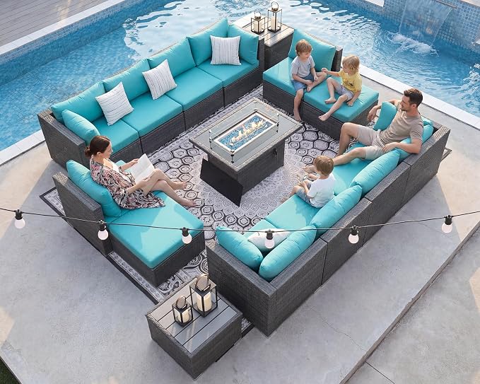 NICESOUL 15 Piece Patio Furniture Set with Fire Pit, Oversized Large Outdoor Sectional with Fire Pit, 500 lbs High Weight Capacity Wicker Deck Seating for 12, Gray & Teal