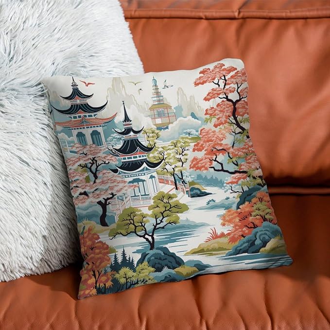 Chinoiserie Pagoda White Coral Blue Throw Pillow Covers Chinoiserie Chic Asian Cushion Cover 18x18 INAbstract Accent Outdoor Garden Decoration for Outside Couch Chair Patio