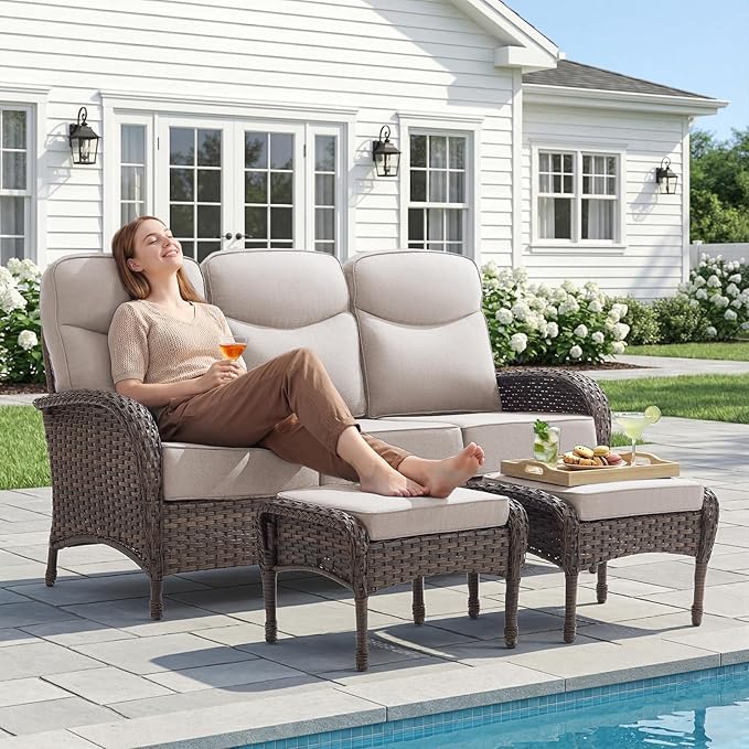 HUMMUH 5-Piece Patio Furniture Set with Upgraded 6" Thick Cushion - High Back Outdoor Swivel Rocker Chairs with 3-Seater Sofa,Ottomans,Wicker Outdoor Conversation Set for Deck,Porch,Yard,Poolside