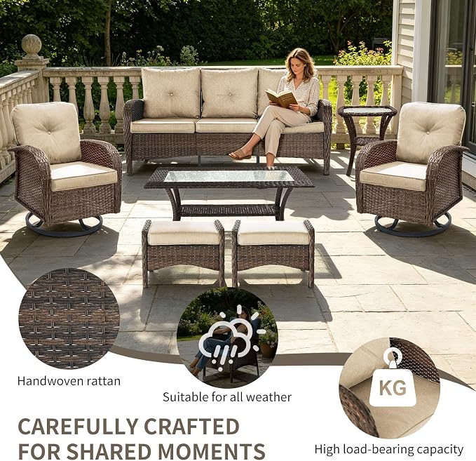 Outdoor Swivel Rocker Patio Chairs (Brown Wicker/Khaki Cushion, 7PC/Sofa & Swivel &2 Table & Ottomans)