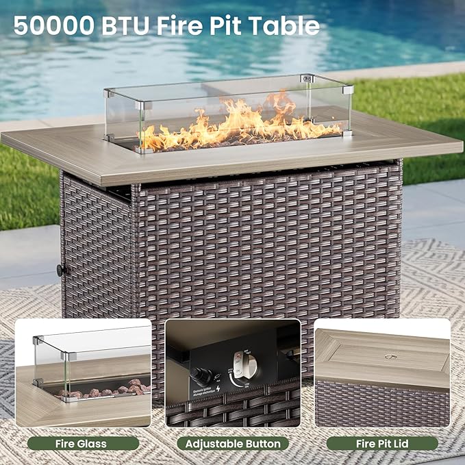 Luxury Patio Furniture Set with 6-inch Thick Cushion, Outdoor Furniture with Fire Pit Table, Swivel Chairs, Side Table, Sofa, 5pcs Wicker Conversation Set for Deck Yard (Brown Wicker | Blue Cushion)