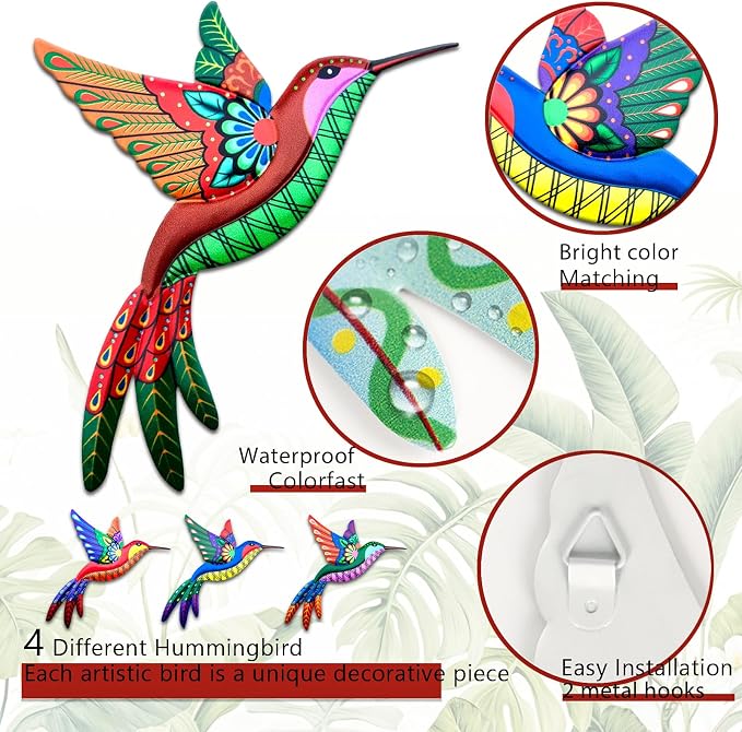 4 PCS Metal Hummingbird Outdoor Wall Decor Art for Garden Fence Decorations | Metal Wall Art Outdoor Hummingbird Yard Art Sculptures for Backyard Patio Balcony Fence